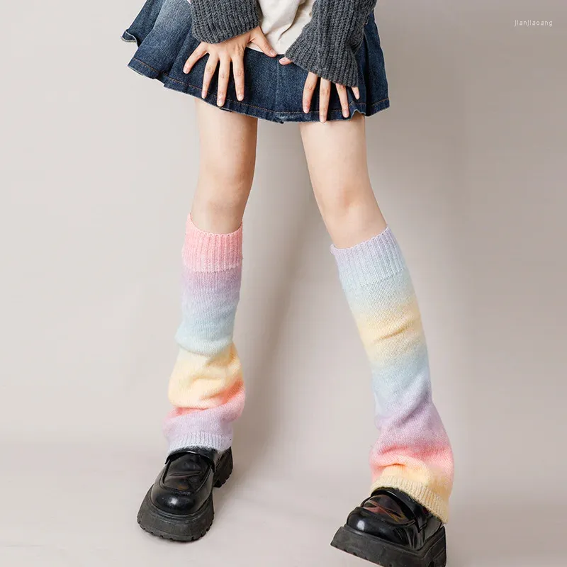 Chaussettes arc-en-ciel pour femmes, mode rétro, couverture en laine japonaise, dégradé d'épices, chauffe-cheville tricoté, couleur ample