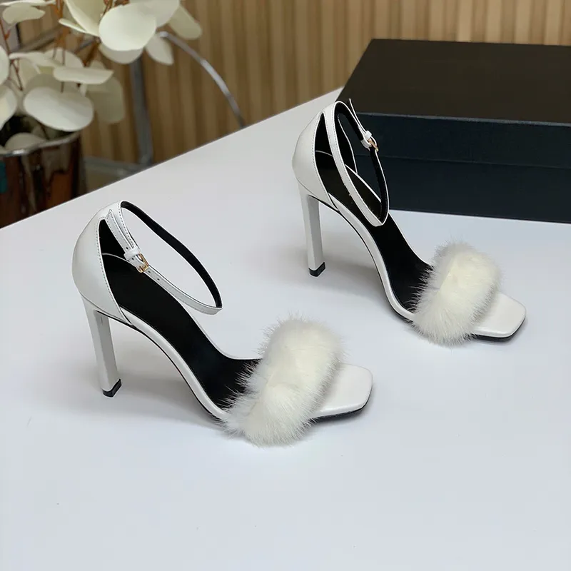 Sandales à talons fins en cuir véritable pour femmes, chaussures de styliste en peluche, Sexy, en Tulle, de luxe, à talons fins, 35-42, 2024