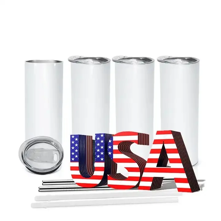 A US CA estocou 20 onças de aço inoxidável Tumblers sublimação em branco copos retos com tampa plástica e canecas de carros de palha garrafas de água isoladas 0409