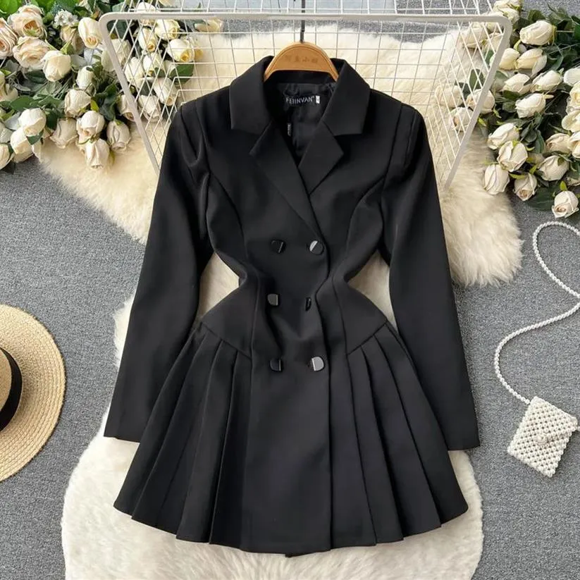 Robes décontractées de base Designer de mode Double boutonnage Blazer robe française femmes crantée à manches longues Chic Slim noir Mini court Cas287t