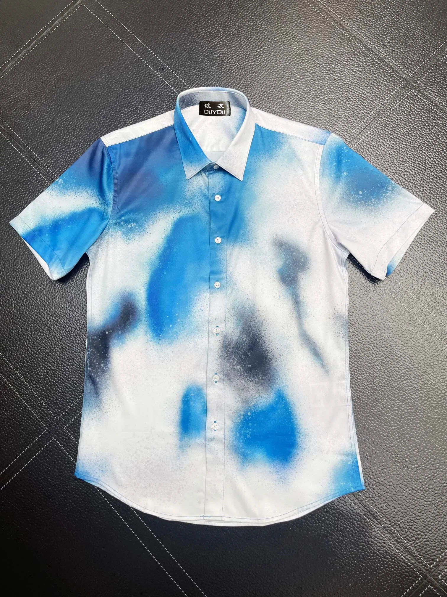 Mäns bomullsklänningskjortor Splash Ink Print Kort ärm Camisas Masculina Casual Slim Fit Mens Business Shirt 101660
