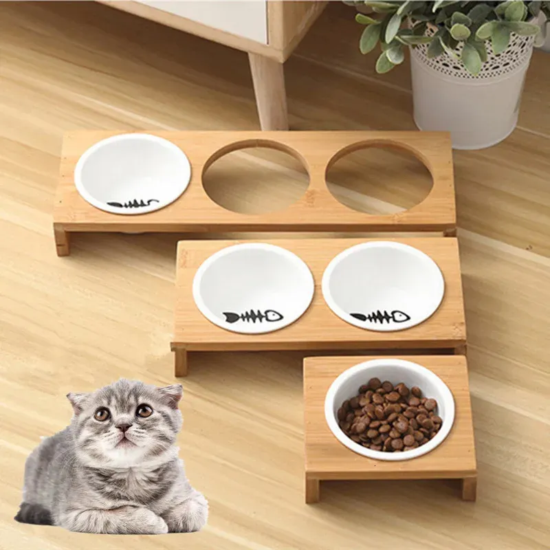 Cão tigelas alimentadores moda gato cão alimentadores tigelas de bambu utensílios de mesa cerâmica pet food tigela de água de alta qualidade antiderrapante suprimentos para animais de estimação cão gato tigela 231023