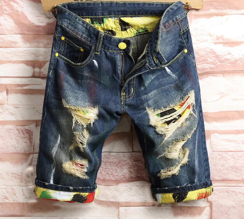 Men`s Shorts Jean Denim Causual Fashional Distressed Short Skate Board Jogger Ankle Ripped Wave