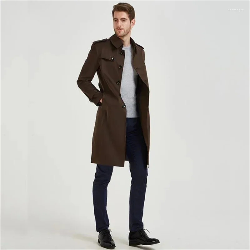 Gabardinas para hombres Abrigo Slim-fit Cortavientos de un solo pecho Moda juvenil Moda marrón Ropa por encima de la rodilla Estilo de otoño británico