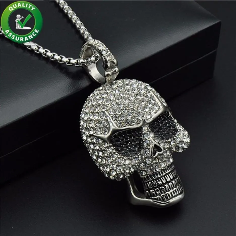 Catene ghiacciate Ciondolo Collana di design Gioielli Hip Hop Uomo Diamanti Scheletro Teschio Pendenti Titanio Acciaio inossidabile Bling Rhine264T