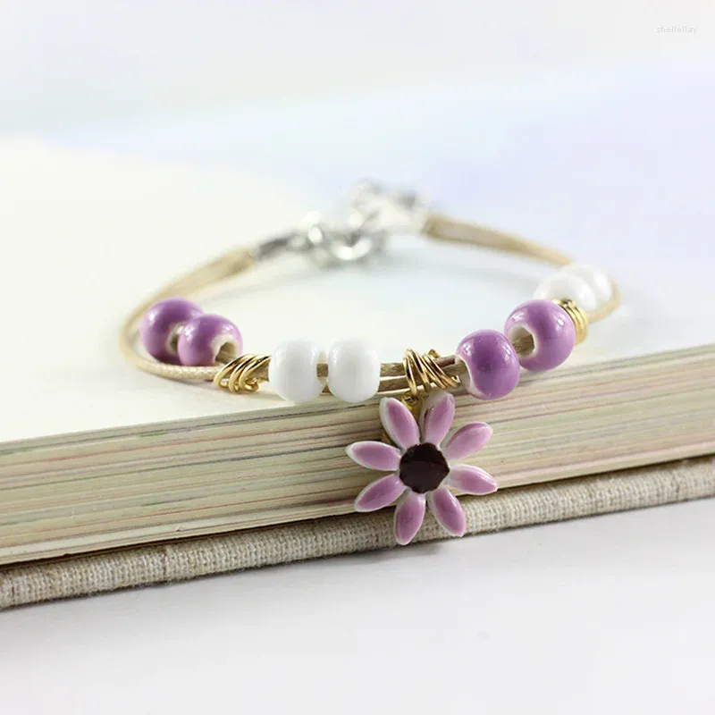 Bracelets porte-bonheur en céramique perlée pour femmes, pendentif en fleurs de cerisier, breloques à Double corde, chaîne, bijoux, cadeau pour filles