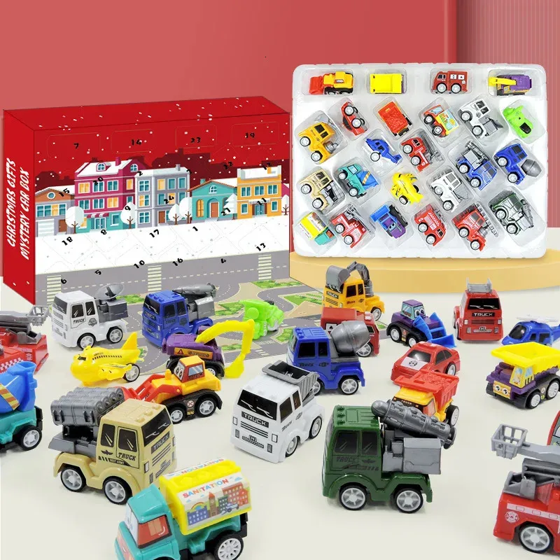 Blind Box Toy Calendar Advent Countdown 24pcs Pojazdy strażackie Pojazdy Inżynieria Koparki Wakacyjne Przyjęcie Wakacyjne Przyjęcia 231025