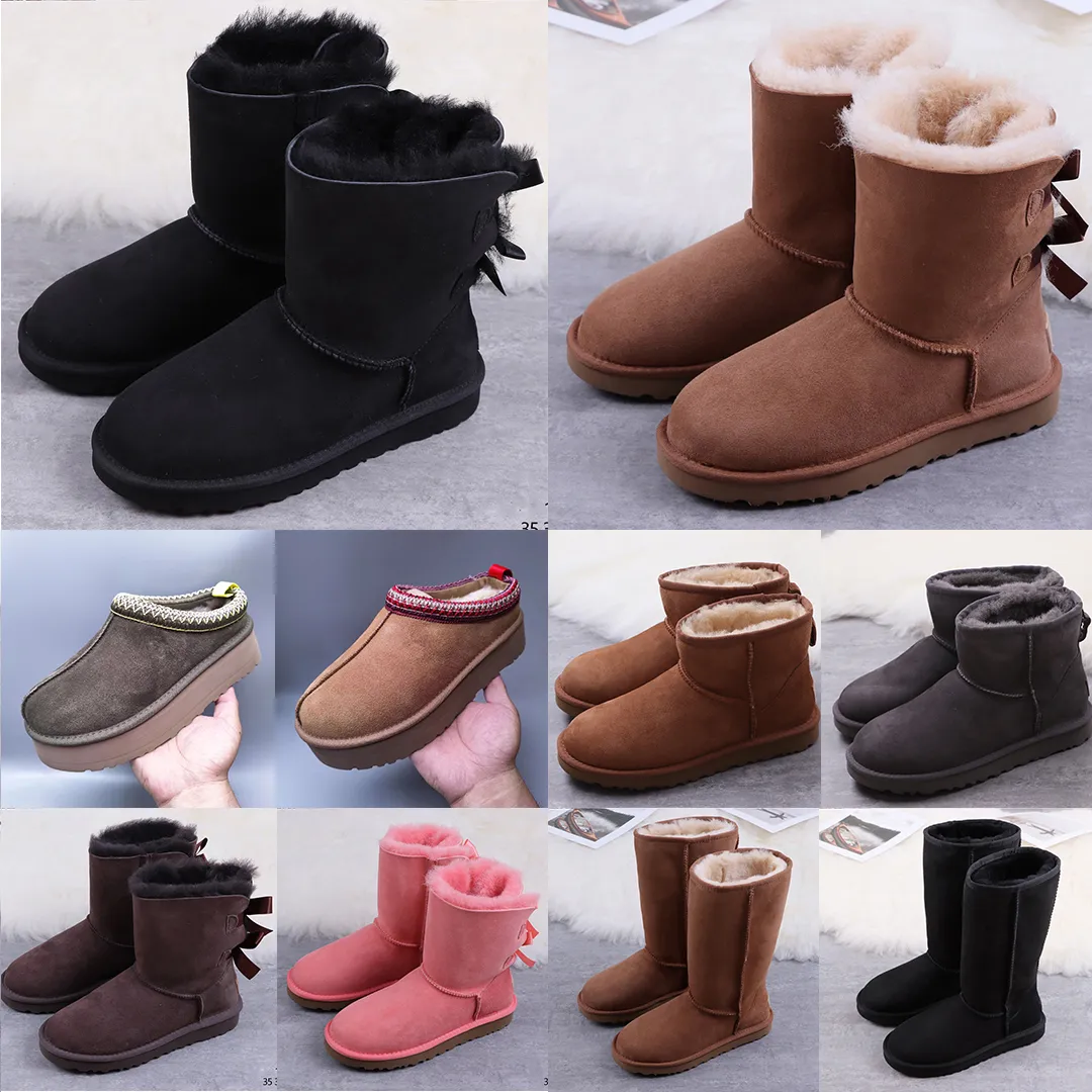 Tasman Slipper Australia Damenstiefel, klassischer Ultra-Mini-Knöchel-Kurzstiefel, halbkniehoher Stiefel, australischer Pelz, Winter-Schneestiefel, kastanienrosa Plateaustiefel mit Fliege