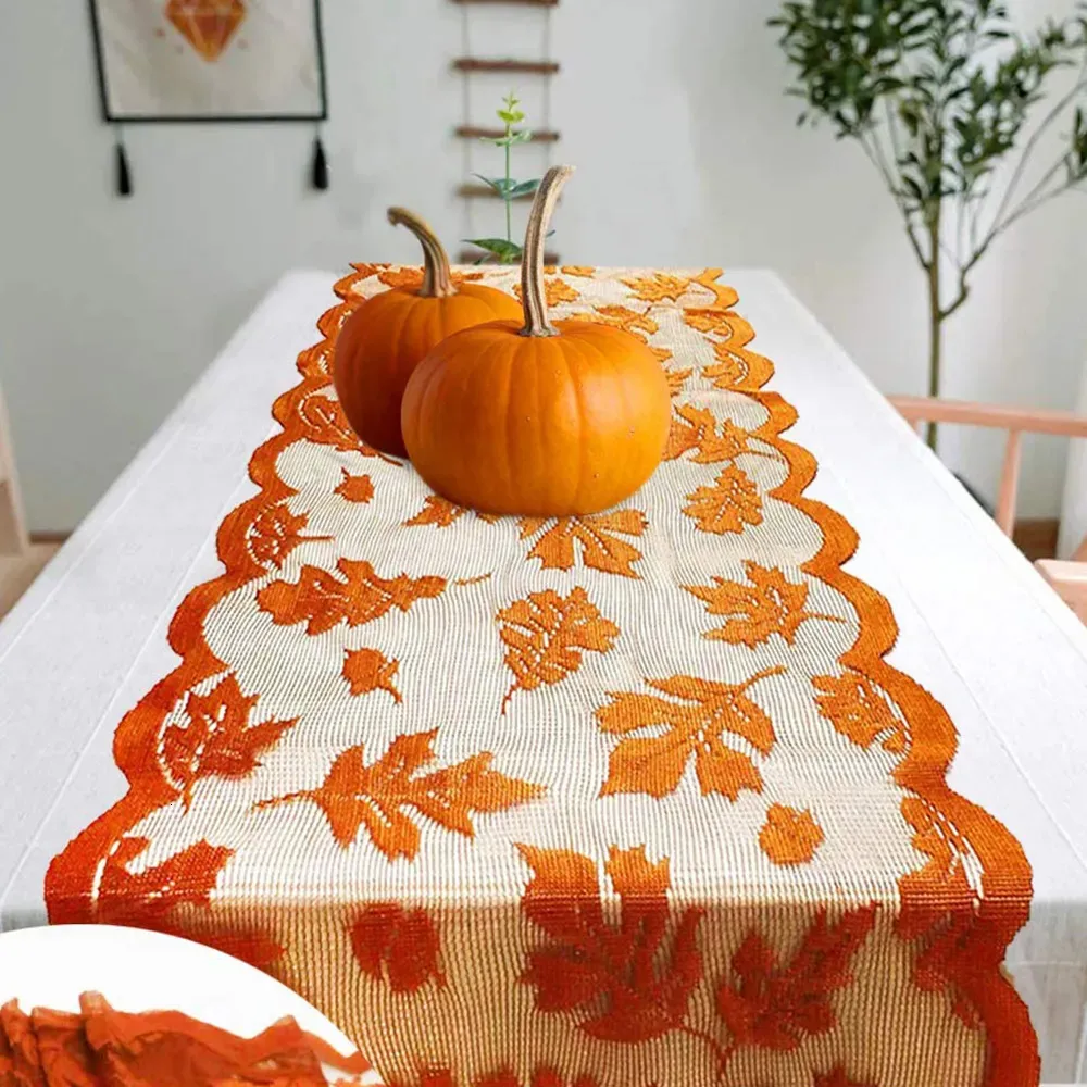 Decorações de Natal Maple Leaf Lace Table Runner Golden Fall Jantar Festas Restaurante Decoração de Festa Decoração de Ação de Graças para Casa 231025