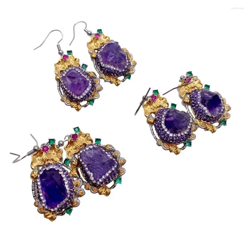 Серьги-гвоздики, 3 шт., натуральный фиолетовый аметист, грубый кристалл, висячие крючки, вечерние украшения для женщин
