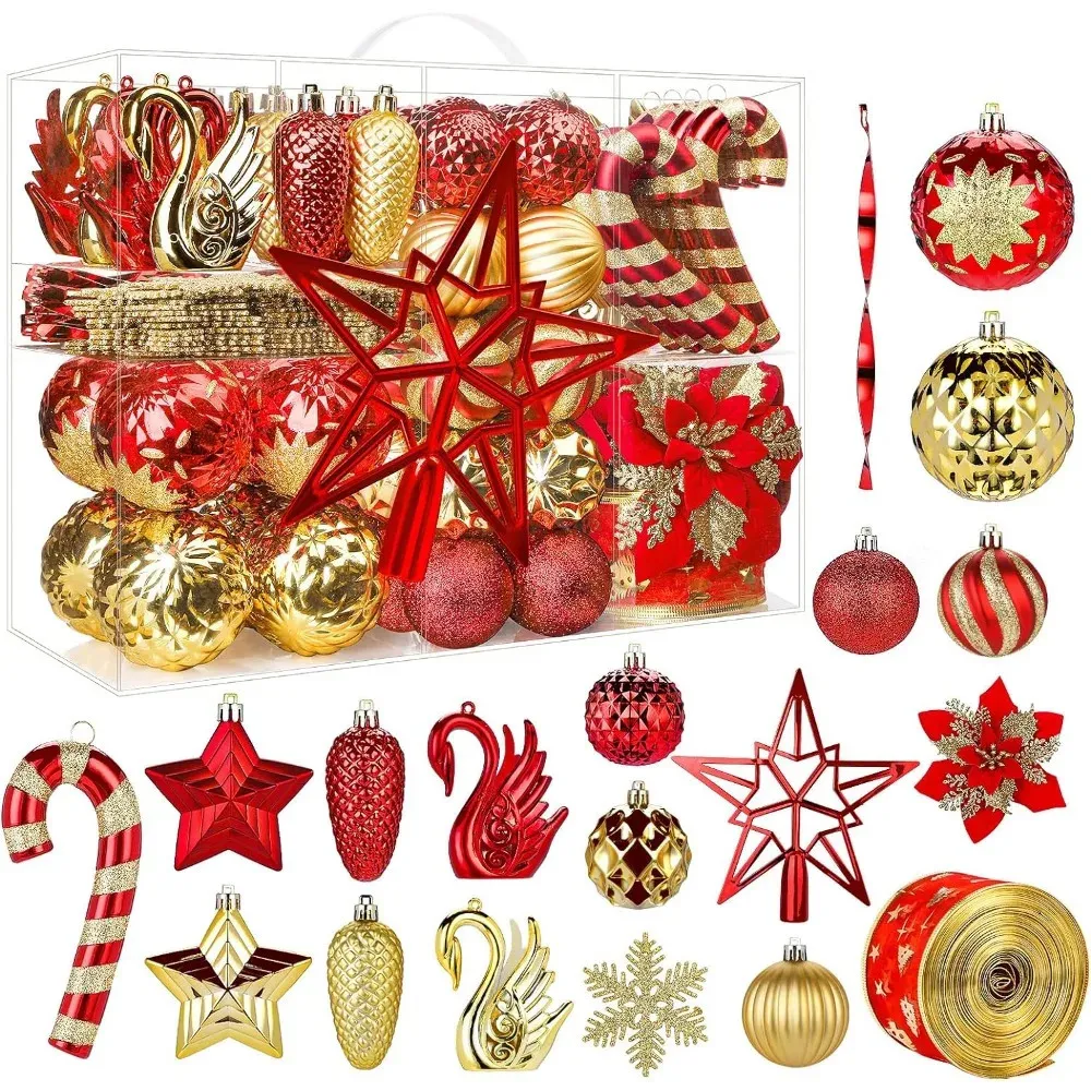 Christmas Decorations 128pcs Balls Ornaments Set Ribbon and Tree Topper for Xmas Holiday Wedding Party with Hanging String 231025