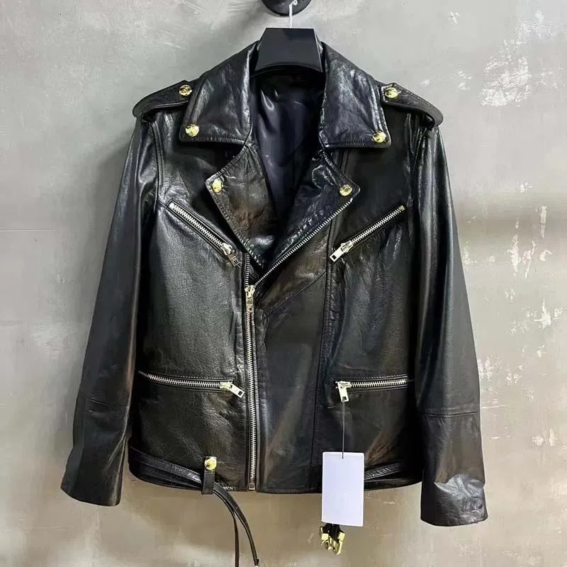 Veste en cuir véritable pour femmes, manteau pour femmes, mode Type Locomotive, vêtements avec ceinture, cire d'huile importée, peau d'agneau, printemps 2023