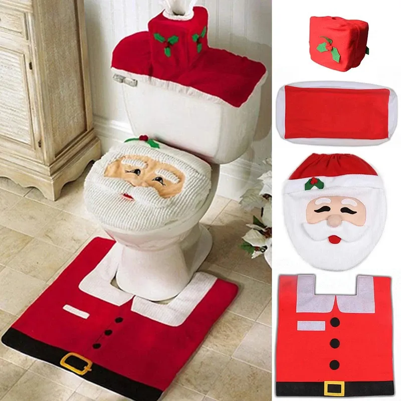 Tuvalet koltuğu Noel Noel Baba Tuvalet Koltuk Kapağı Noel Ayak Pedi Su Tankı Kapak Seti Kağıt Havlu Seti Noel Banyo Dekorasyonu 231025