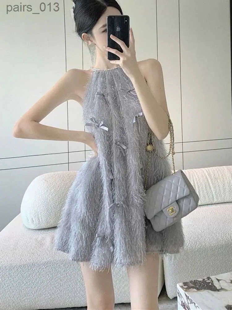 Basic Casual Dresses Elegant Women Halter Feather Bow Beaded Dress French Temperament Sleeveless Loose A-line Mini Fashion Party YQ231025
