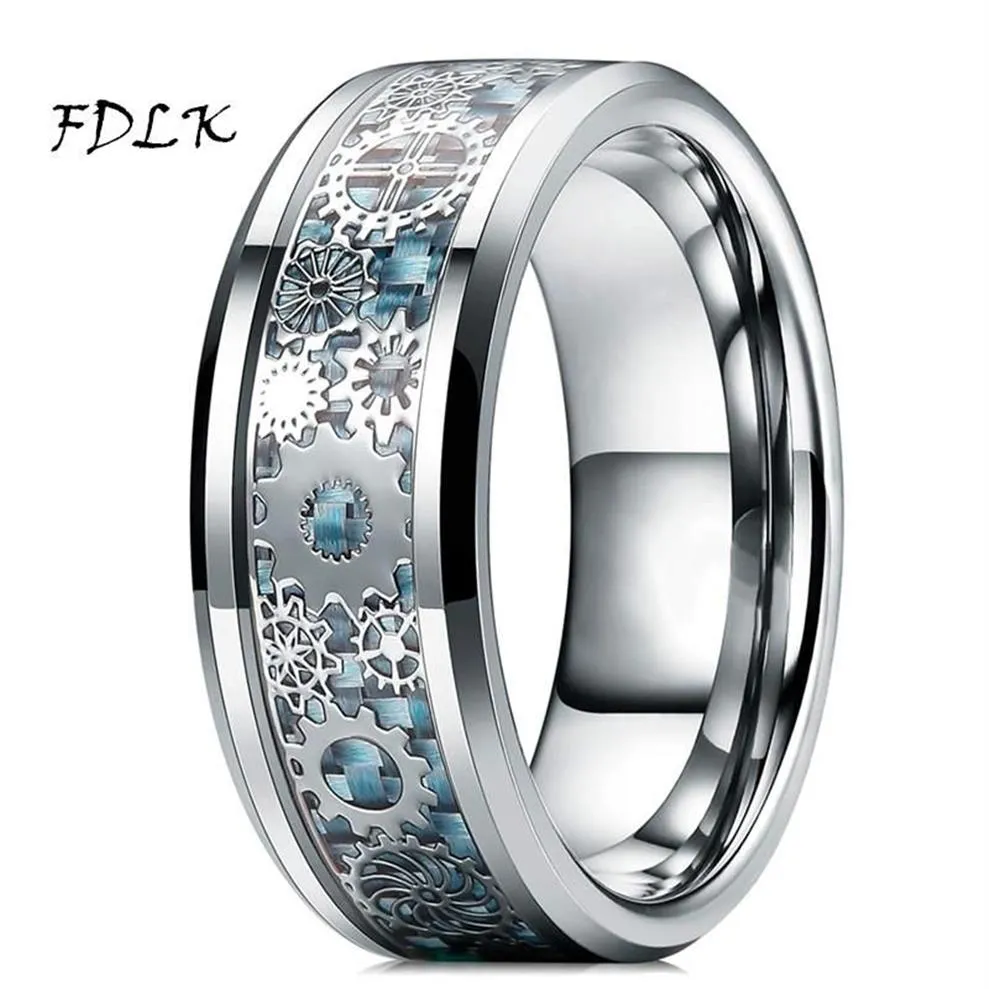 Bröllopsringar Mens Steampunk Gear Wheel rostfritt stål Ring Dragon Inlay Light Blue Carbon Fiber Gothic Band Size 6-13213L