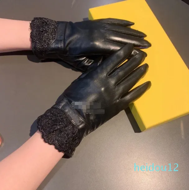 Guantes de cuero con ondas de encaje para mujer, manoplas con pantalla táctil, guantes de invierno y terciopelo con caja