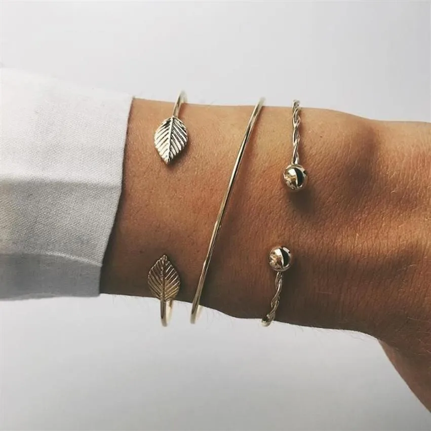 Miss JQ – ensemble de 3 pièces de Bracelets manchettes à la mode, couleur or, motif de feuilles symétriques, Bracelets réglables pour femmes, bijoux de fête 2593