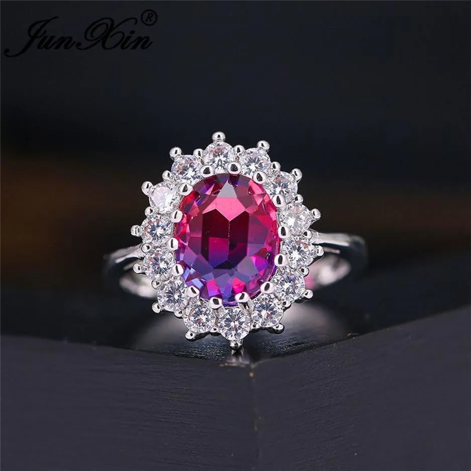 Fedi nuziali Mystic Rainbow Fire Crystal Stone Girasole per le donne Argento Colore Ovale Blu Rosso Rosa Zirconi Fasce Gioielli Cz241T