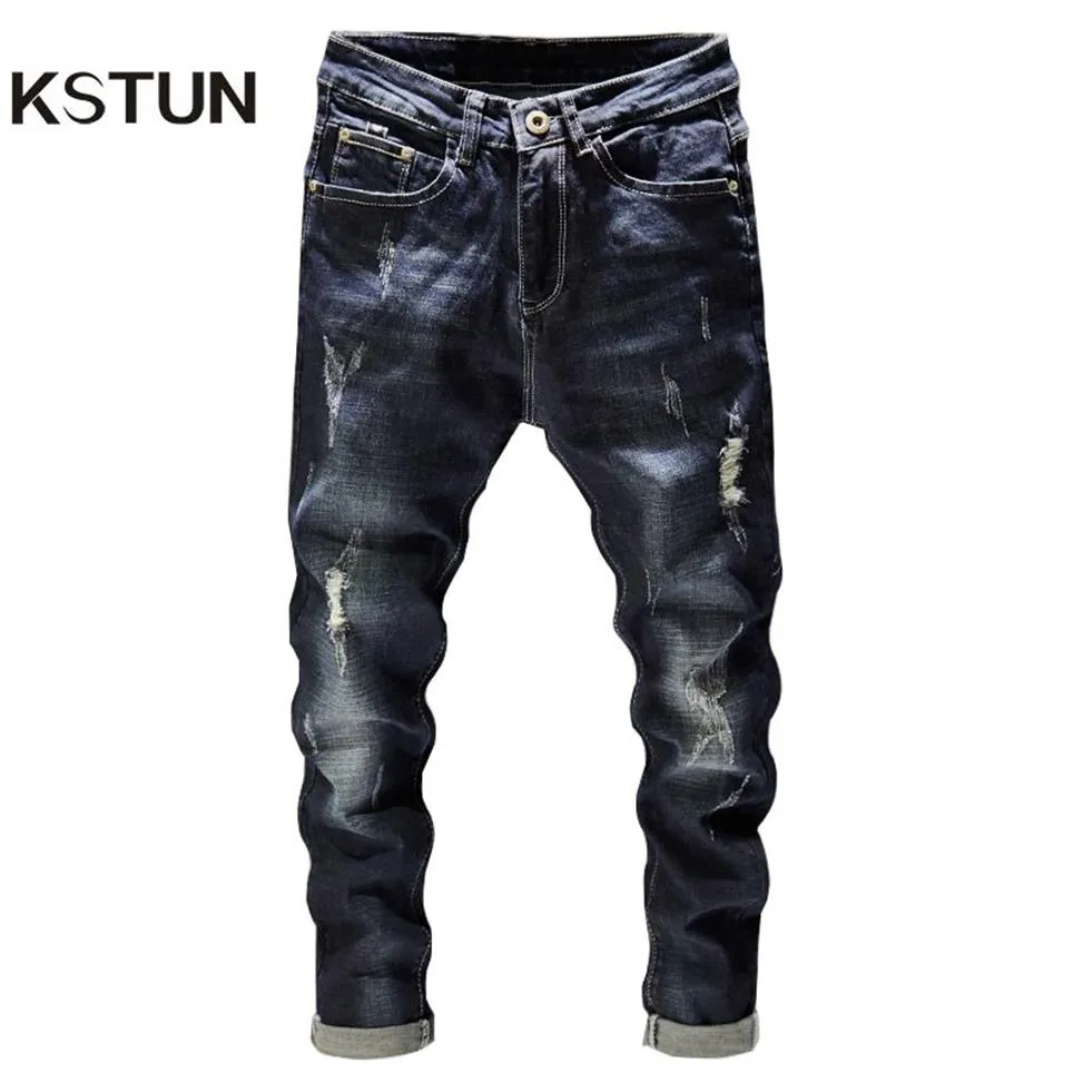 Ripped Men Jeans Dark Blue Stretch Slim Fit Destroyed Broken Holes Denim Pants Casual Biker Jeans Male Hip hop Mens Punk Jeans 201247A