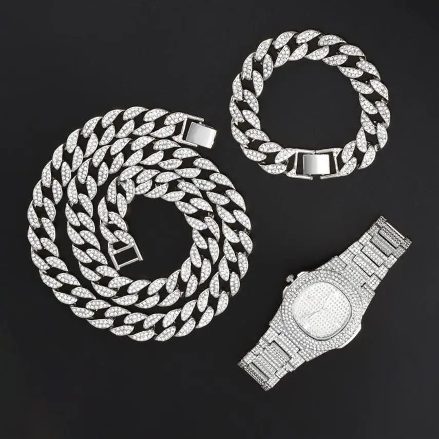 Hanger kettingen 15 mm ketting horloge armband hiphop Miami Curb Cubaanse ketting goud Iced Out verharde strass CZ bling rapper For300b