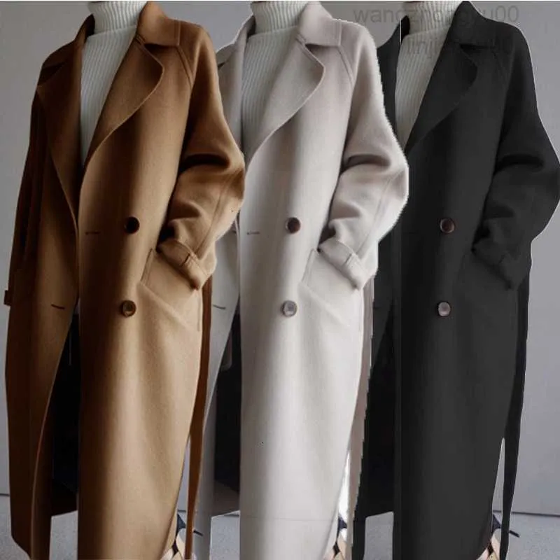 2023 feminino trench mulher bege preto elegante lã coreano sólido manga longa vintage minimalista casaco de lã 230330