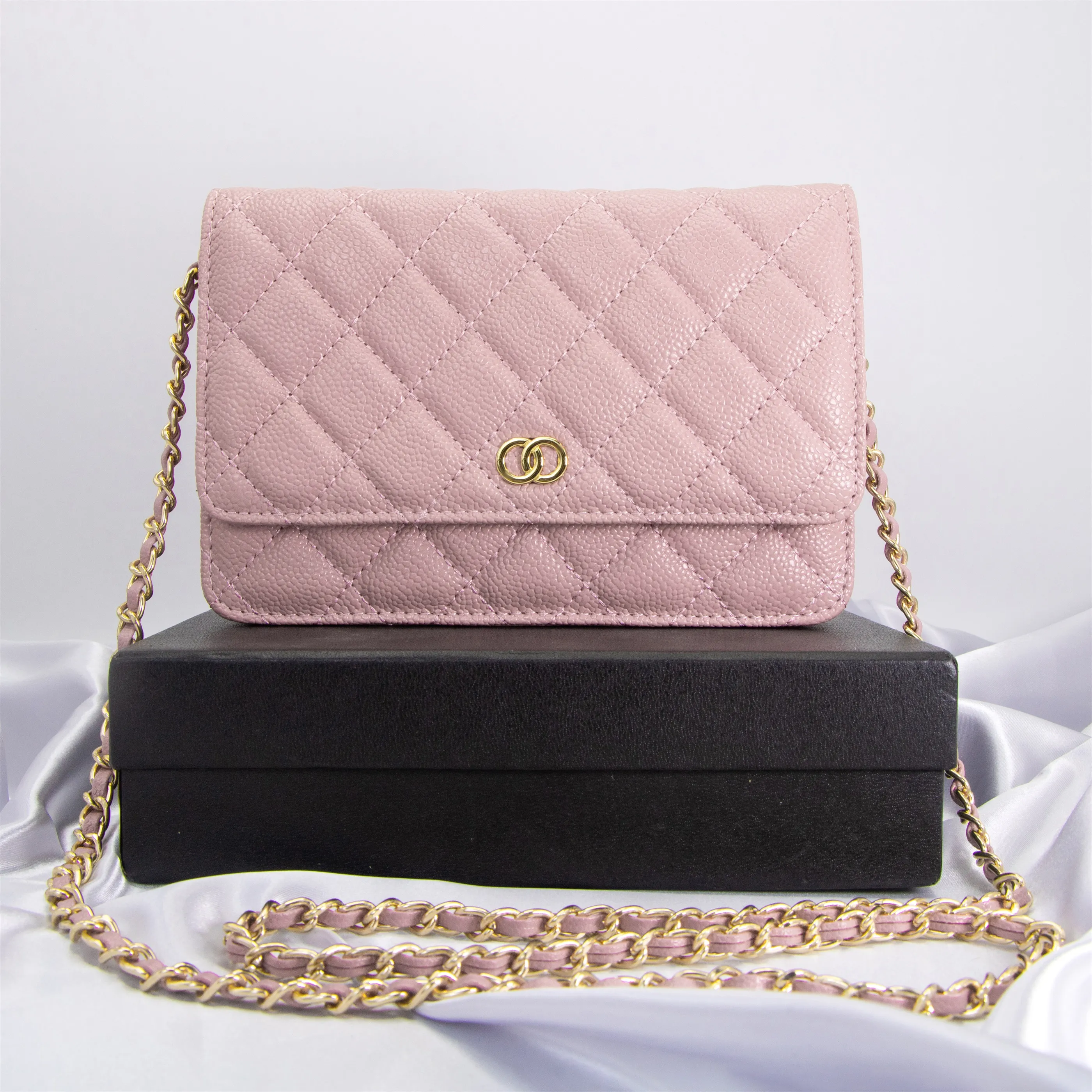 Luxury Sling CC Woc Chain Caviar Shoulder Bag äkta läder mode Kvinnor Mens Classic Flap Clutch Bags Cross Body Totes Pink Designer36
