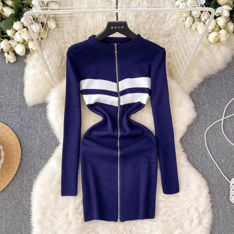 Casual Dresses Autumn O-Neck Long Sleeve Knit Zipper Mini Dress Women High Strecth Sheath Bodycon Waist Thin Sweater Basc Above Knee