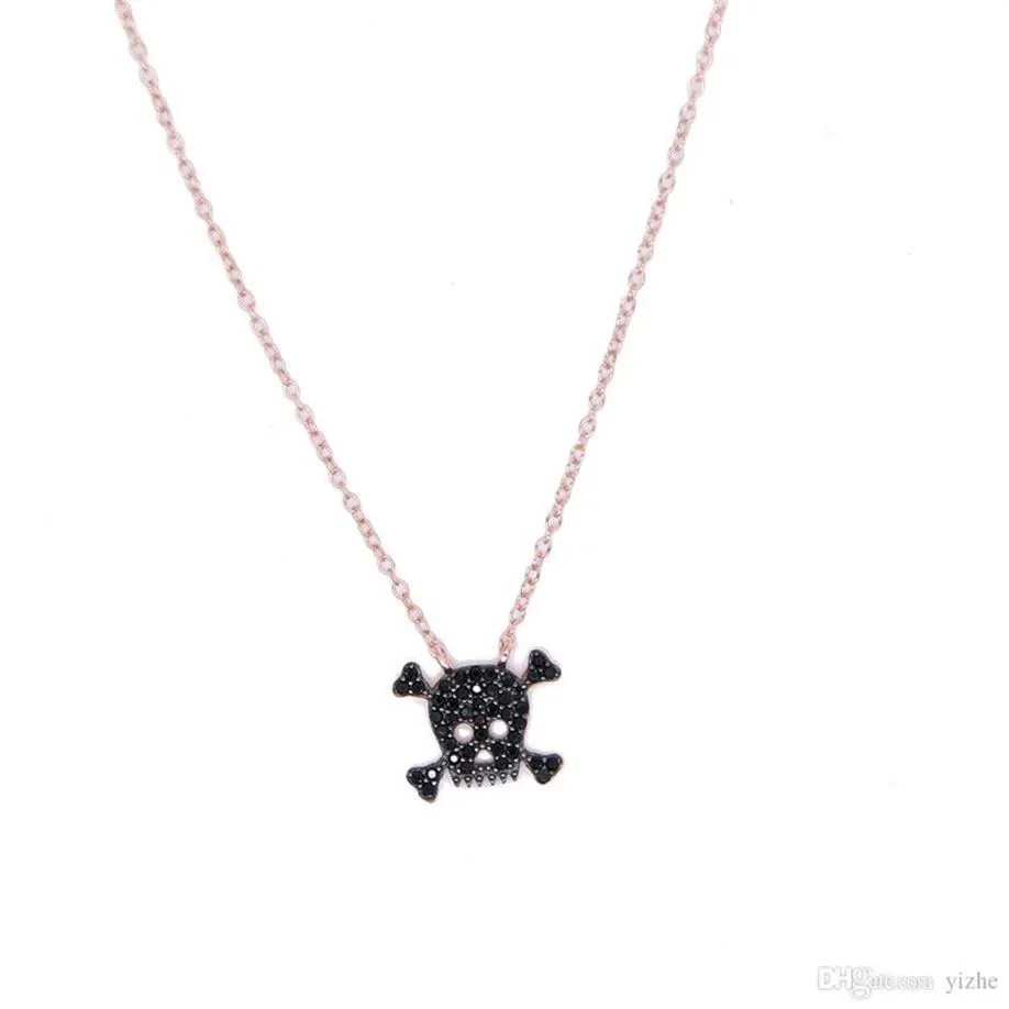 factory whole drop stock pave black cubic zirconia rose gold 925 sterling silver ladies women skull necklace2353