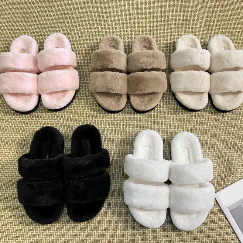 High Quality Rabbit Fur Slippers for Women Metal Buckle Flat New Winter Home Outdoor Casual Fashion Soft Comfortable Free Ship