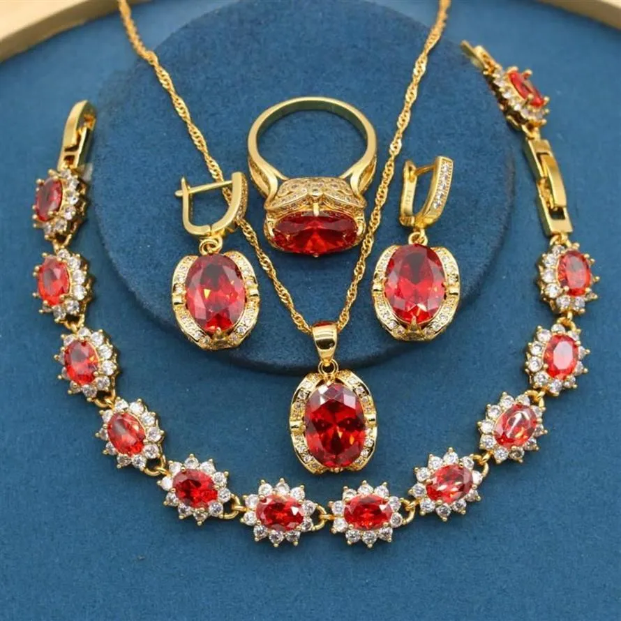 Boucles d'oreilles collier classique rouge zircone pierres couleur or ensembles de bijoux pour femmes Bracelet bague fête d'anniversaire cadeau 2625