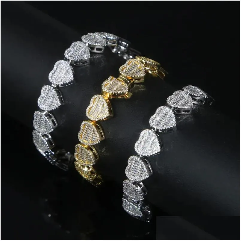 Charm Bracelets Bling Cz Heart Tennis Chain Bracelet For Women Fl Paved Iced Out Cubic Zirconia Luxury Hip Hop Jewelry Gift Drop Deli Otz4W