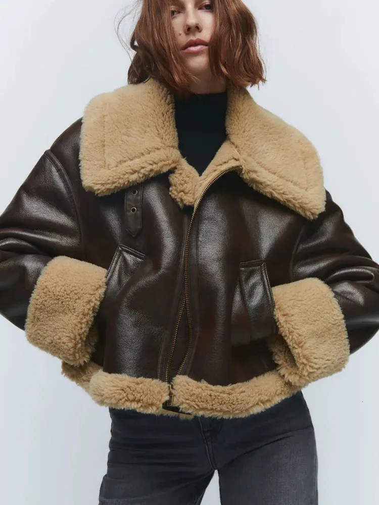 Mulheres jaquetas moda feminina jaqueta espessada quente pele de couro falso vintage zíper curto casaco outono inverno senhoras streetwear 231025