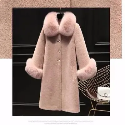 Frauen Pelz Faux Herbst Luxus gefälschte Kragen Frauen Jacke Nachahmung Wolle Mäntel Lange Warme Schafe Lammfell Winter Mantel 231023