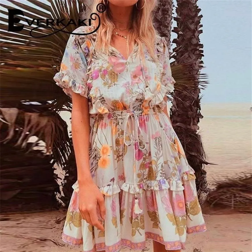 Everkaki Vintage Women Floral Print Tassel Ruffles Beach Bohemian Mini Dress Ladies Roose Vネックレーヨンボーホードレス新しいT200604260W