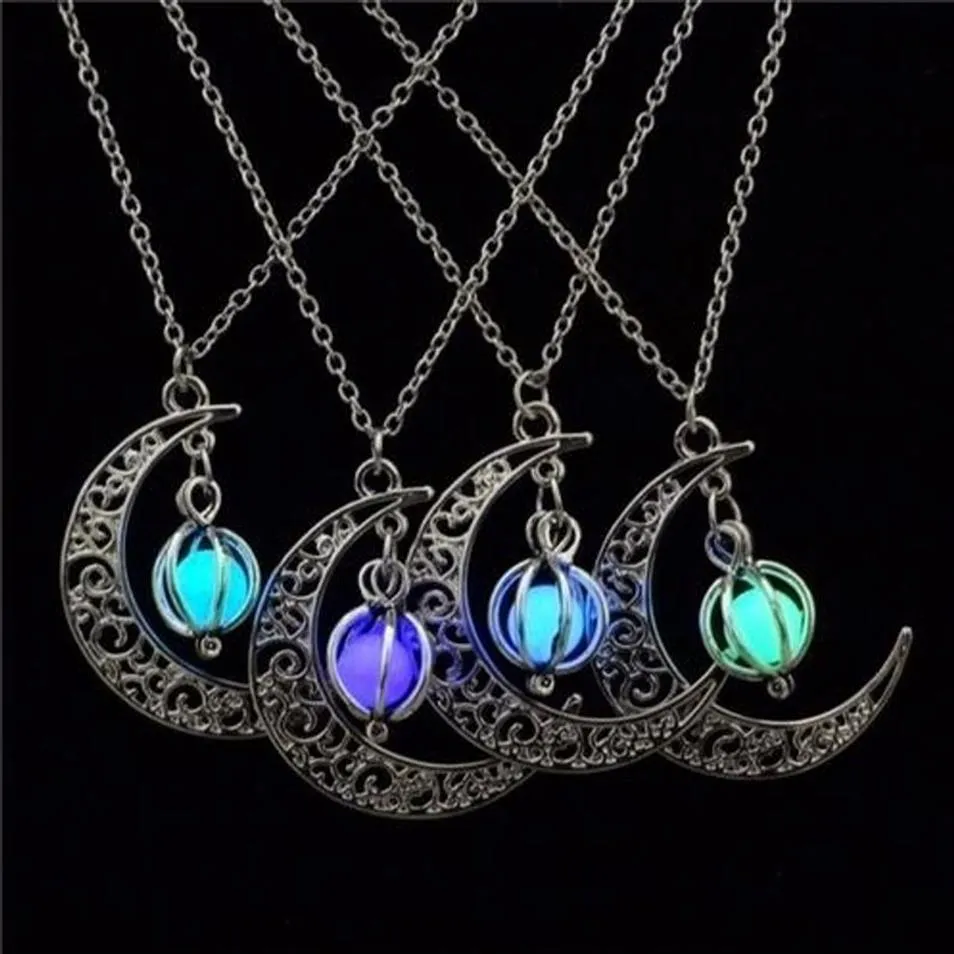 Glow In the Dark Pendant Necklaces For Women Silver Plated Chain Long Night Moon Necklaces Women Fashion Jewelry Necklaces GB65215t