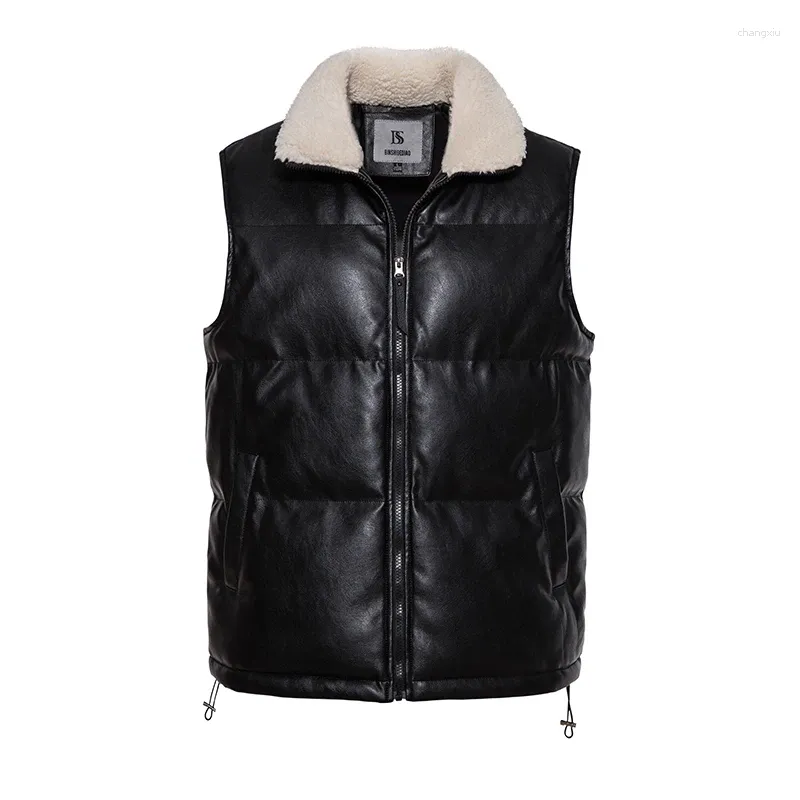 Men's Vests PU Cotton Vest Winter Jacket Thickened Sleeveless Tank Top Warm Standing Collar Pocket Good Quality