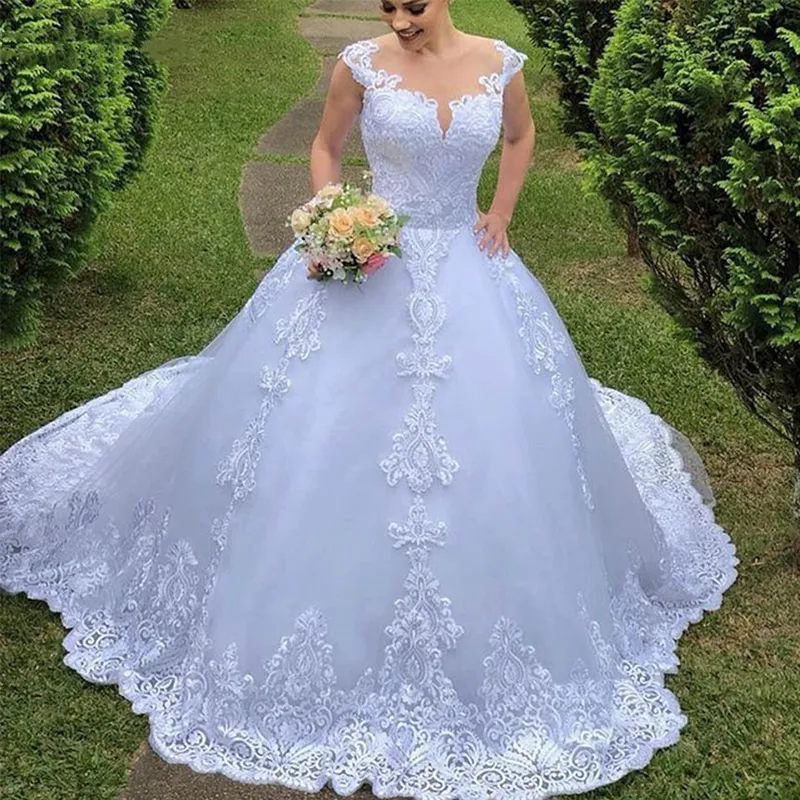 Illusion Weiß/Elfenbein Ballkleid Langes Brautkleid Kurze Ärmel Brautkleider Prinzessin Tüll Elegante Brautkleider 2024