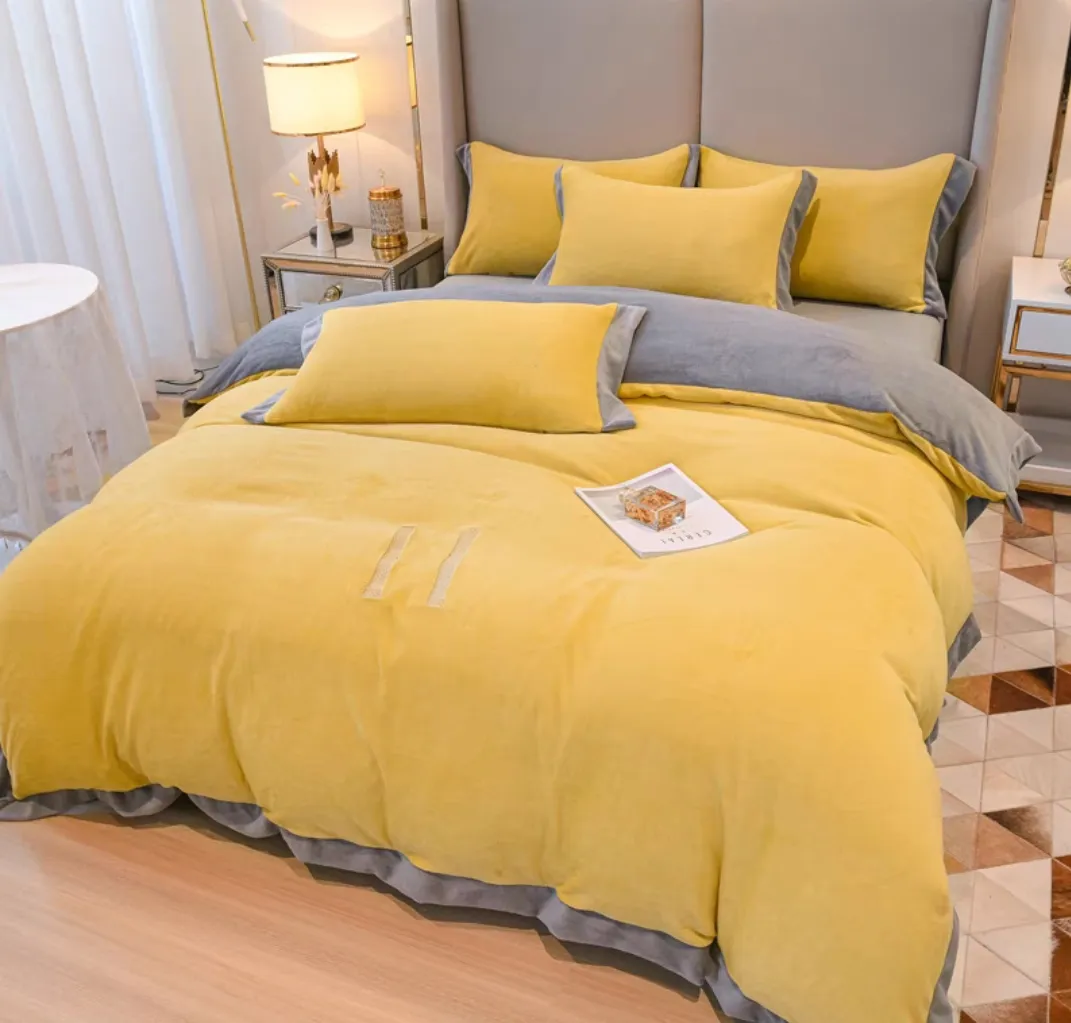 Thicken Lemon Yellow Coral Fleece Bedding Four-Piece Bed Set Besigner Bedding Sets Luxurious Shaker Flannel Bed Sheets Contact Us To View Pictures With LOGO s