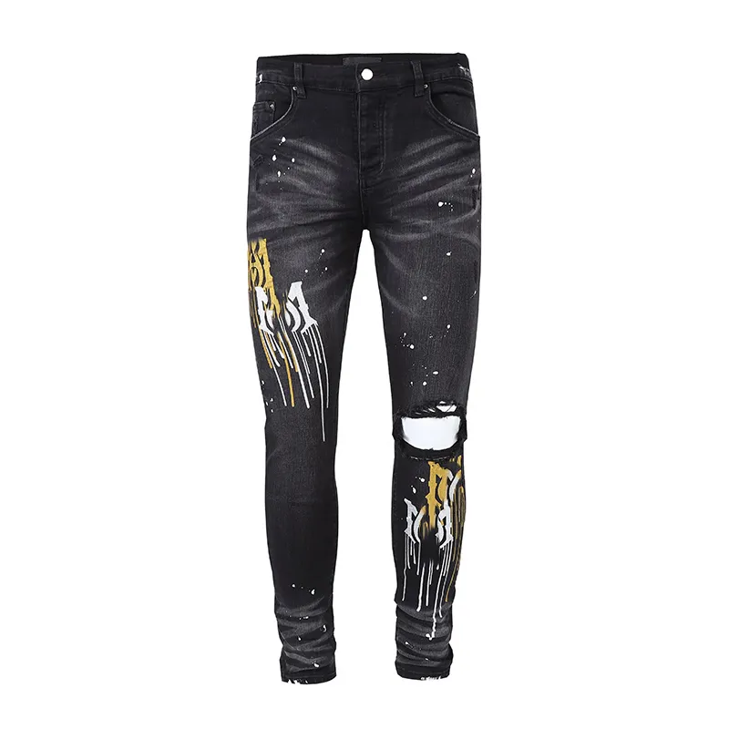 Calças de brim queimado pilha designer qualidade boa calças masculinas street wear lavagem velho buraco longo em linha reta jeans simples denim28-40