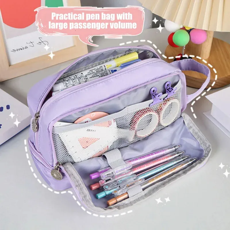 Косметички Чехлы Kawaii Purple Pencil Большой емкости Сумка для ручек Держатель для девочек Офис Студенческий органайзер для канцелярских принадлежностей Школьные принадлежности 231025