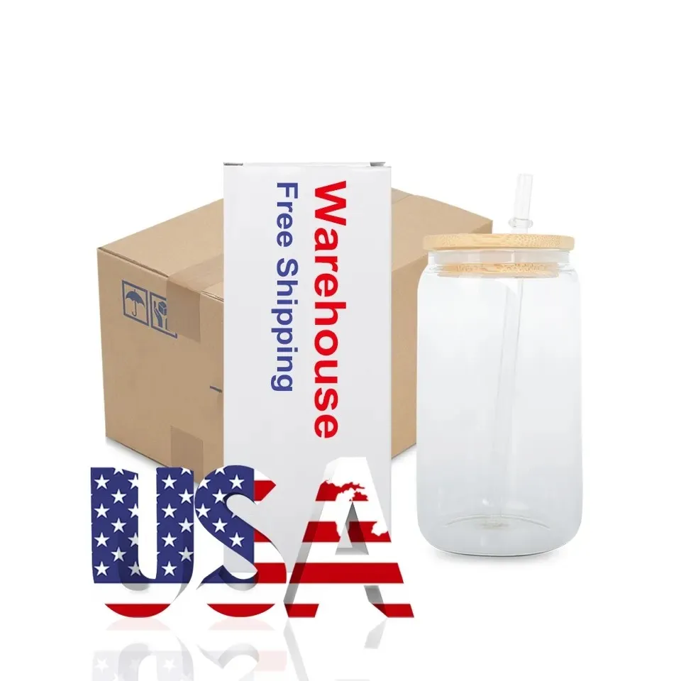 NEW 16oz Sublimation Glass Mugs Can Shaped Water Bottles Juice Soda Jars With Bamboo Lid 50pcs/Carton 16OZ Glass Tumblers For DIY Printing