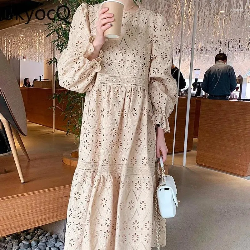 Casual Kleider GkyocQ Koreanische Chic Herbst Kleid Französisch Gericht Stil Rundhals Langarm Hohl Spleißen Spitze Lose Maxi Kleidung