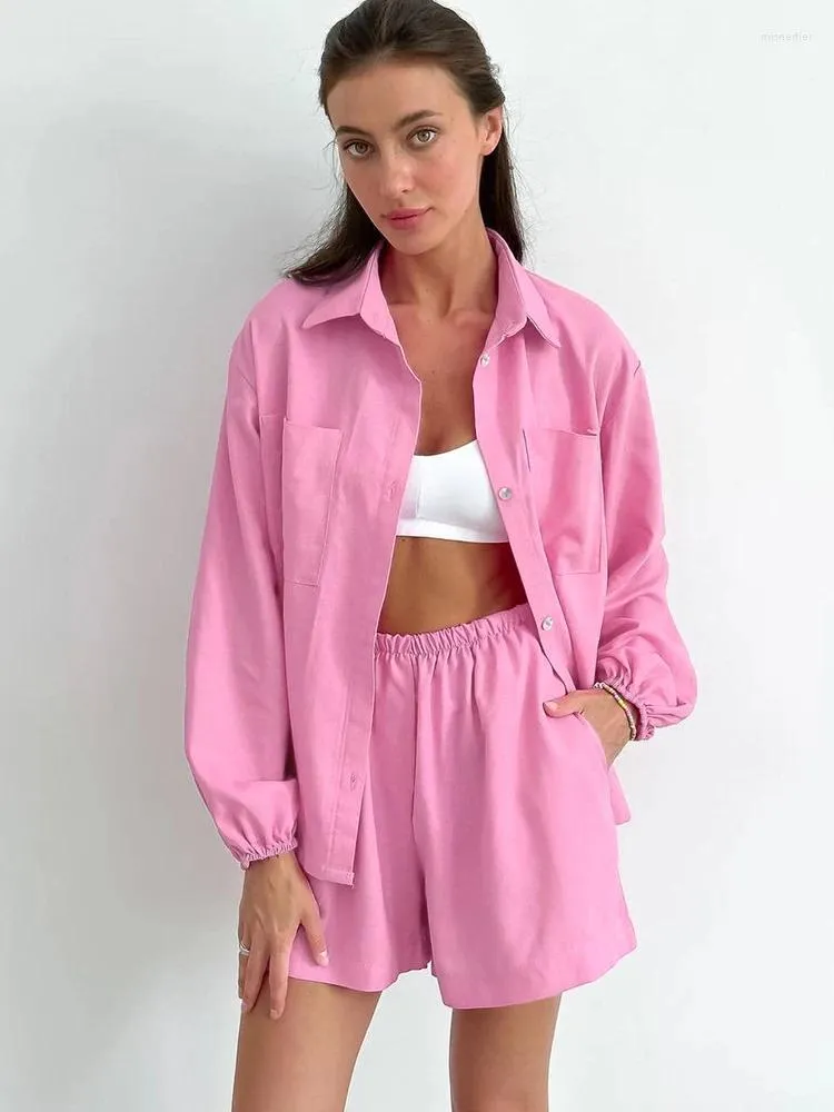 Mulheres sleepwear linad rosa pijama para mulheres 2 peças conjuntos soltos manga longa feminino casa ternos com shorts outono casual nightwear