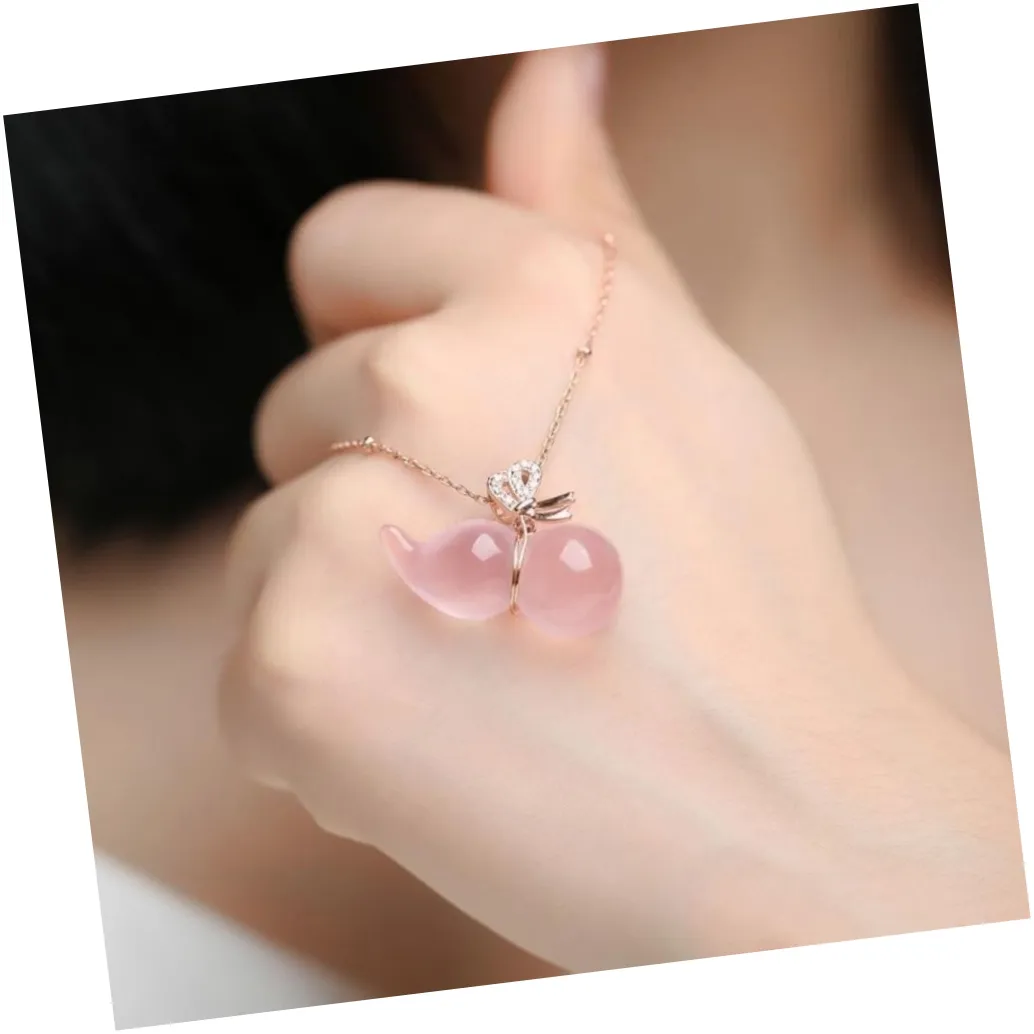 Designer Small gourd Powder Crystal Pendant 925 sterling silver clavicle chain Rose gold natural hibiscus stone necklace gift jewelry for girlfriend