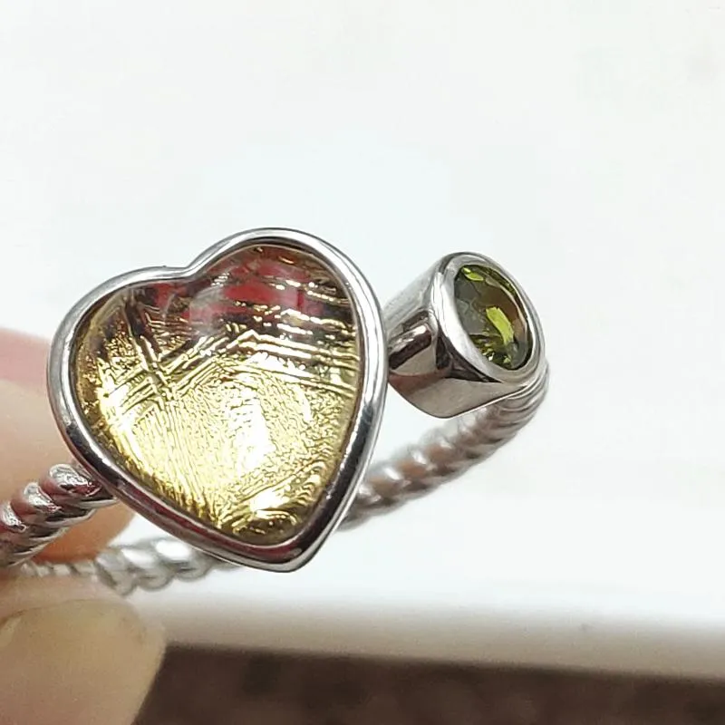 Cluster Rings Natural Gibeon Iron Meteorite Green Moldavite Adjustable Ring Women 8x8mm Heart Pattern 18K Gold