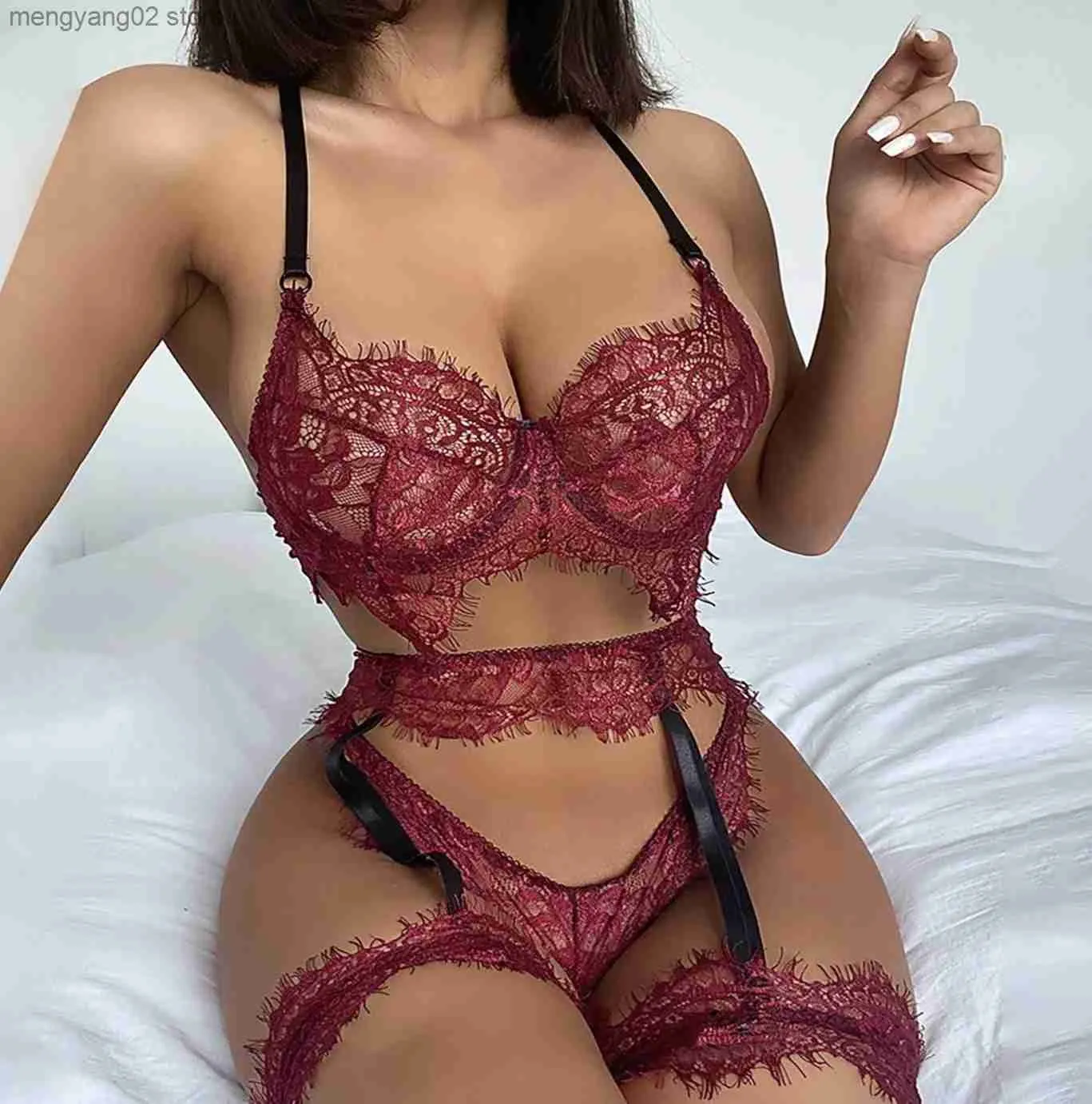 Sexy Set Set Underwear Women Lace Bra +G String +Garters Set