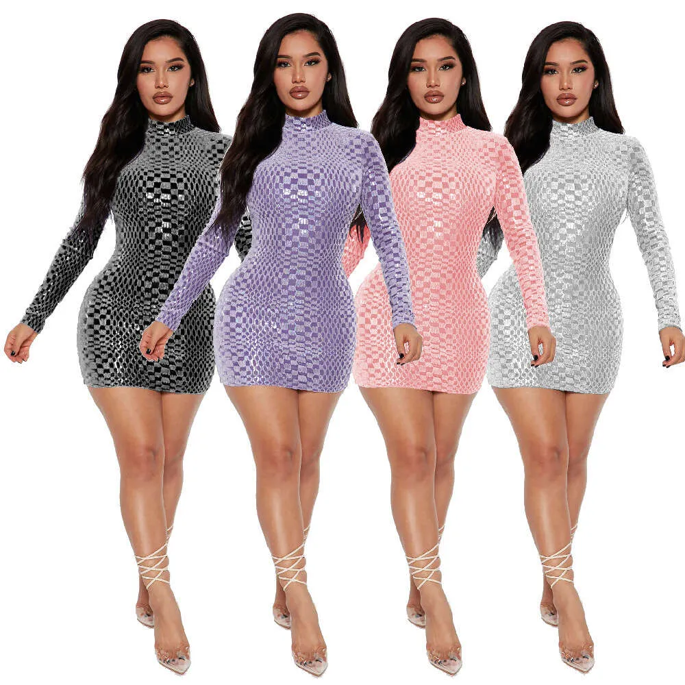 Clothing Summer Sequined Plaid Long Sleeve Stand Collar Bodycon Midi Mini Dress For Women Birthday Sexy Party Club Dresses