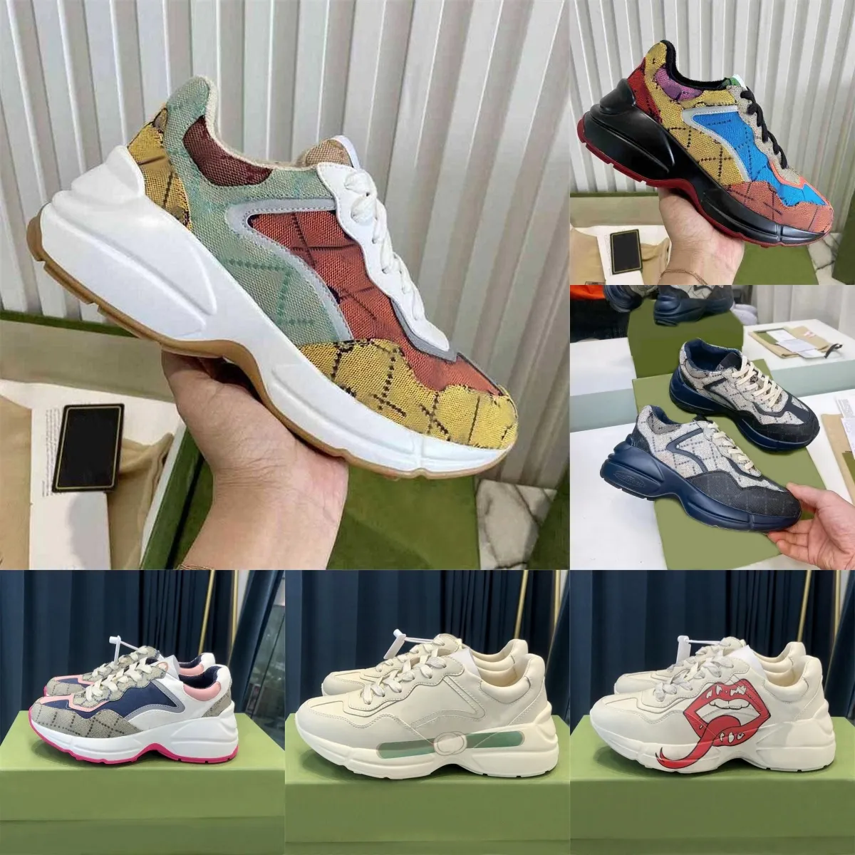 デザイナーのRhyton Shoes Platform Sports Shoes Women Vintage Embroidery Printing Thick Bottom Sneaker Luxury Men Strawberry Mouse Mouth Casual Tennis Shoes