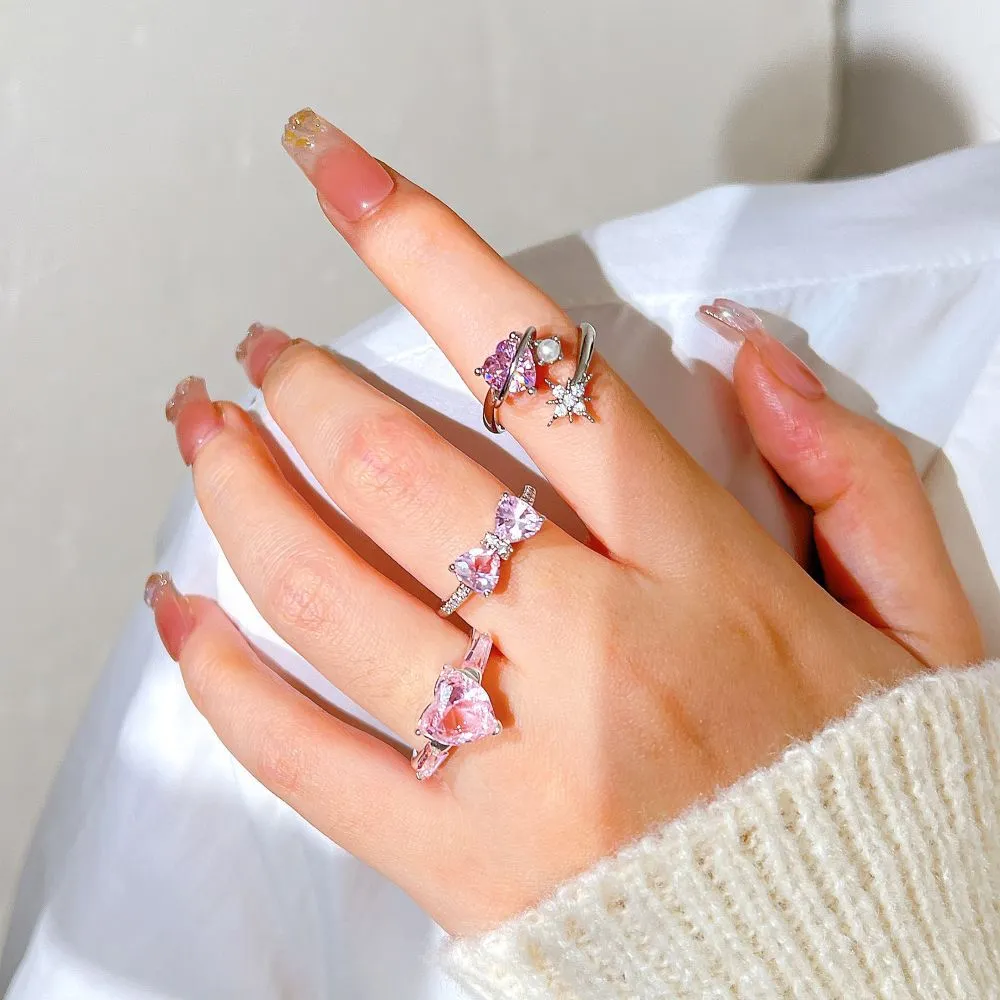 Pink Crystal Rings Romantic Heart Bowknot Shiny Ring for Women Girls Ring Y2K Accessories Fashion New Trend Party Gifts Wholesale YMR044