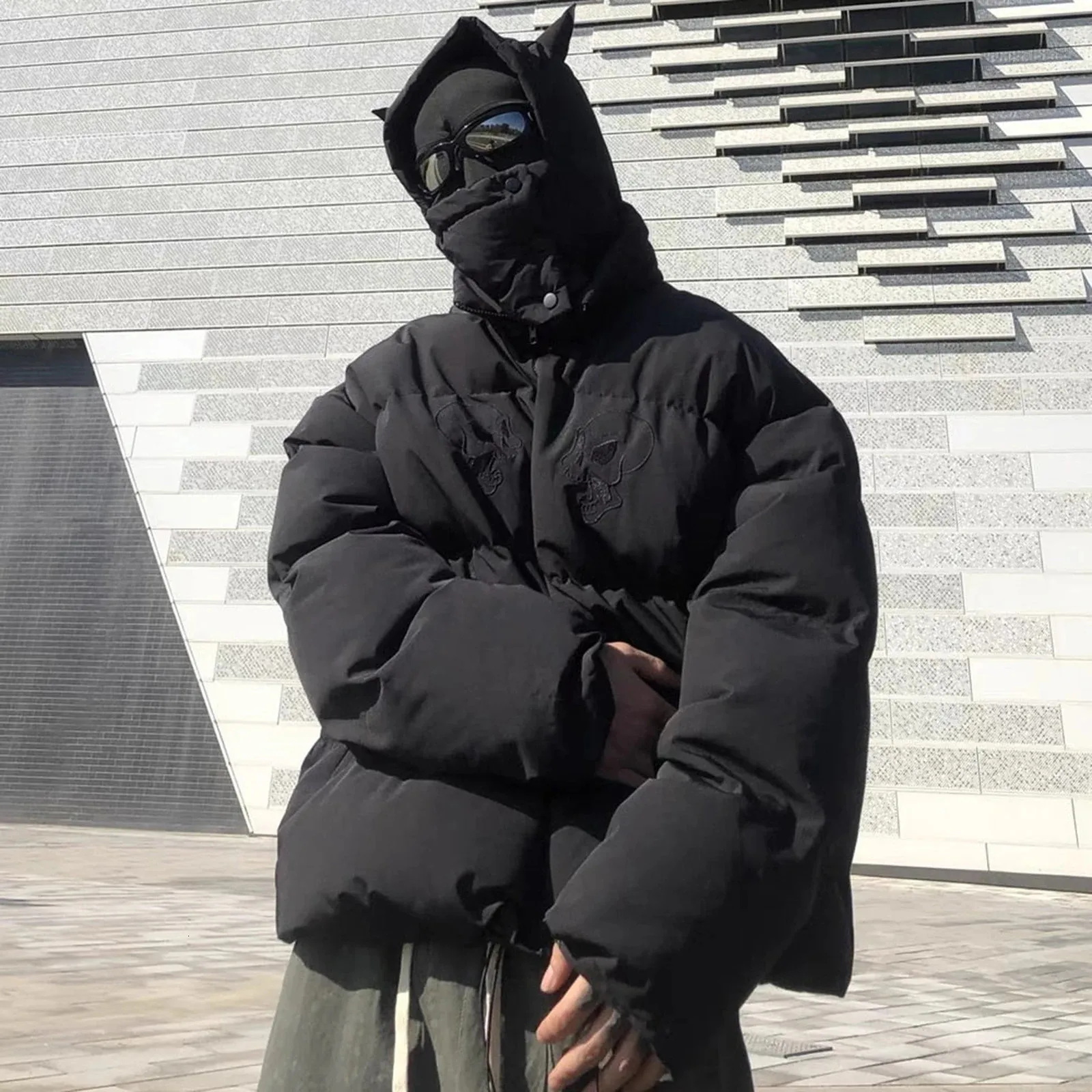 Parkas Mens Unisex Şeytan Boynuz Puffer Ceket Sıradan Kış Sıcak Kapitone Ceket Yetişkinler Uzun Kollu Zip Kapşonlu Dış Giyim Sokak Giyim 231025